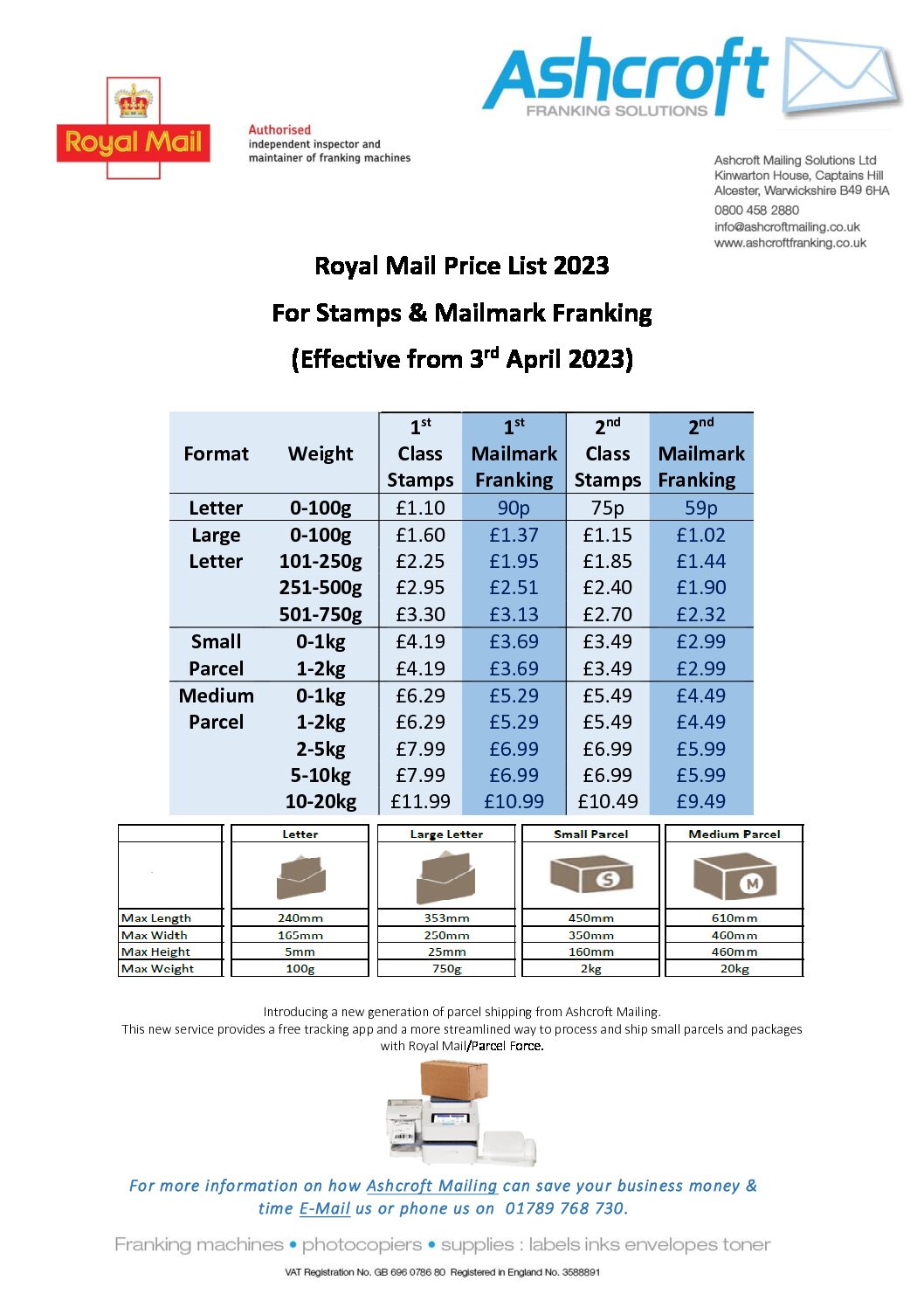 Royal Mail Price List for stamps and franking in 2023
